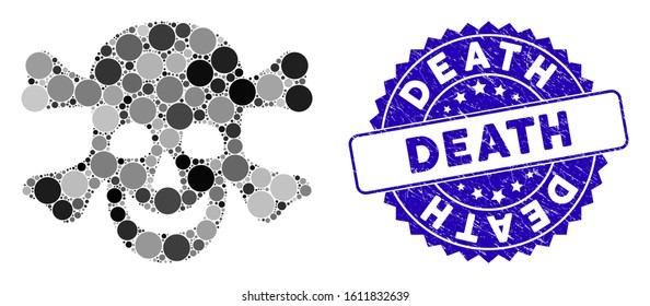 Mosaic death icon and rubber stamp seal with Death phrase. Mosaic vector is formed from death icon and with randomized circle items. Death stamp seal uses blue color, and rubber texture.