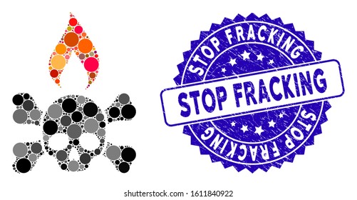 Mosaic death ignition icon and corroded stamp seal with Stop Fracking text. Mosaic vector is created with death ignition icon and with scattered spheric items. Stop Fracking seal uses blue color,