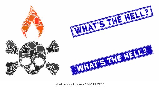 Mosaic death ignition icon and rectangle What'S the Hell? seals. Flat vector death ignition mosaic icon of scattered rotated rectangle elements. Blue What'S the Hell? watermarks with corroded texture.