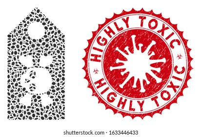 Mosaic death label icon and red round rubber stamp seal with Highly Toxic phrase and coronavirus symbol. Mosaic vector is created with death label icon and with scattered oval elements.