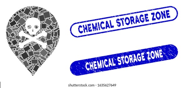 Mosaic death map marker and corroded stamp seals with Chemical Storage Zone phrase. Mosaic vector death map marker is formed with random rectangle items.