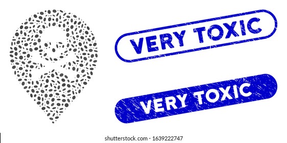 Mosaic death marker and grunge stamp seals with Very Toxic text. Mosaic vector death marker is composed with random elliptic elements. Very Toxic stamp seals use blue color,
