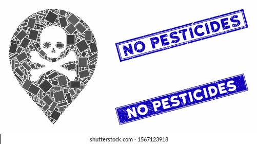 Mosaic death marker icon and rectangle stamps. Flat vector death marker mosaic icon of randomized rotated rectangle elements. Blue caption seal stamps with scratched texture.