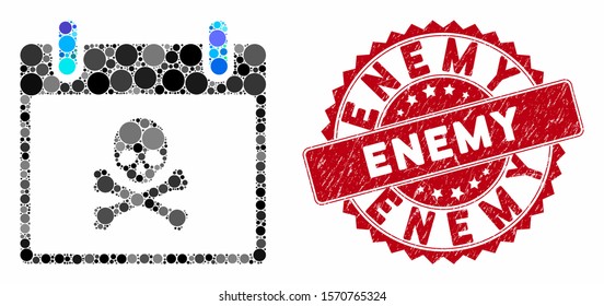 Mosaic death skull calendar day and rubber stamp seal with Enemy caption. Mosaic vector is composed with death skull calendar day icon and with randomized spheric items.