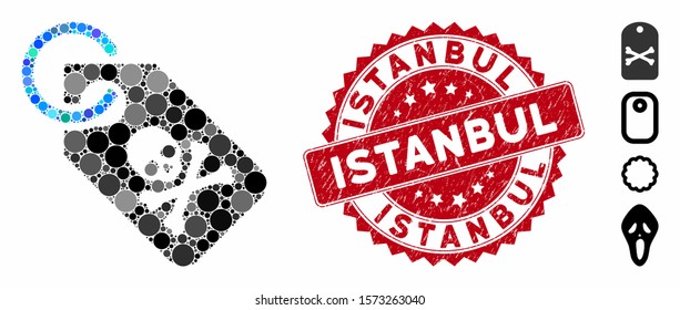 Mosaic death tag icon and rubber stamp watermark with Istanbul text. Mosaic vector is formed with death tag icon and with randomized round spots. Istanbul stamp seal uses red color,