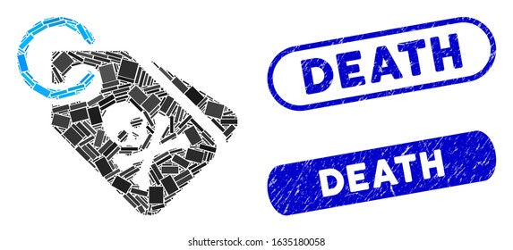 Mosaic death tags and corroded stamp watermarks with Death phrase. Mosaic vector death tags is composed with random rectangle items. Death stamp seals use blue color, and have round rectangle shape.