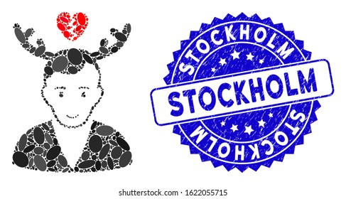 Mosaic deceived horned husband icon and rubber stamp seal with Stockholm phrase. Mosaic vector is composed with deceived horned husband icon and with scattered elliptic spots.