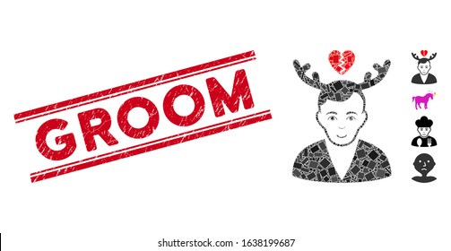 Mosaic deceived horned husband pictogram and red Groom seal between double parallel lines. Flat vector deceived horned husband mosaic icon of randomized rotated rectangle elements.