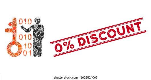 Mosaic decode key pictogram and red 0% Discount stamp between double parallel lines. Flat vector decode key mosaic pictogram of randomized rotated rectangular elements.