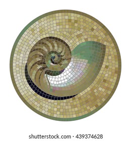 The mosaic decoration circle with longitudinal section of Nautilus seashell isolated on white background. Ideal for floor and wall decoration. Each element is isolated and edited. Vector 10 EPS.