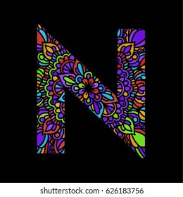 Mosaic decorative hand made font. Ornamental font.  Stained glass decorative lettering. letter N
