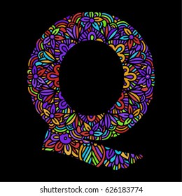 Mosaic decorative hand made font. Ornamental font.  Stained glass decorative lettering. letter Q