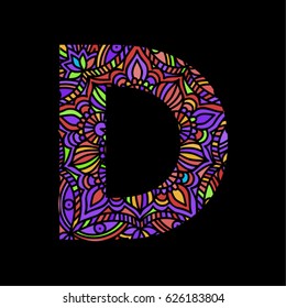 Mosaic decorative hand made font. Ornamental font.  Stained glass decorative lettering. letter D