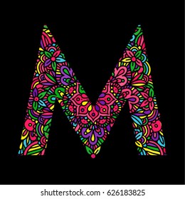 Mosaic decorative hand made font. Ornamental font.  Stained glass decorative lettering. letter M