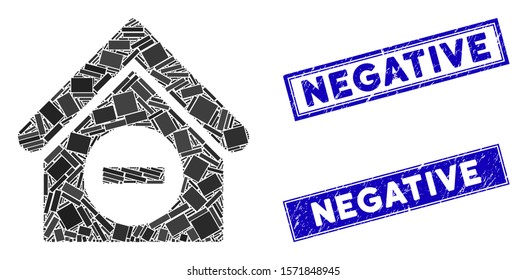 Mosaic deduct building pictogram and rectangle Negative seal stamps. Flat vector deduct building mosaic pictogram of randomized rotated rectangle elements. Blue Negative seals with grunge texture.