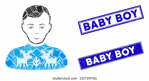 Mosaic deers pullover boy pictogram and rectangle seals. Flat vector deers pullover boy mosaic pictogram of random rotated rectangle elements. Blue caption rubber seals with distress texture.