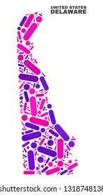 Mosaic Delaware State map isolated on a white background. Vector geographic abstraction in pink and violet colors. Mosaic of Delaware State map combined of scattered round dots and lines.