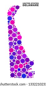 Mosaic Delaware State map isolated on a white background. Vector geographic abstraction in pink and violet colors. Mosaic of Delaware State map combined of scattered circle dots.