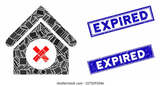 Mosaic delete building pictogram and rectangle Expired seal stamps. Flat vector delete building mosaic pictogram of randomized rotated rectangle items. Blue Expired seal stamps with distress textures.
