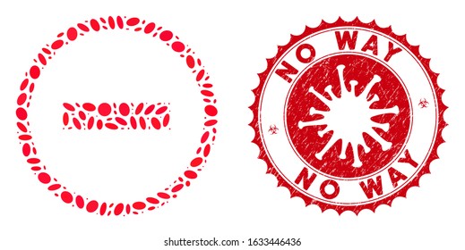 Mosaic delete icon and red round grunge stamp seal with No Way phrase and coronavirus symbol. Mosaic vector is designed with delete icon and with random oval items. No Way stamp seal uses red color,