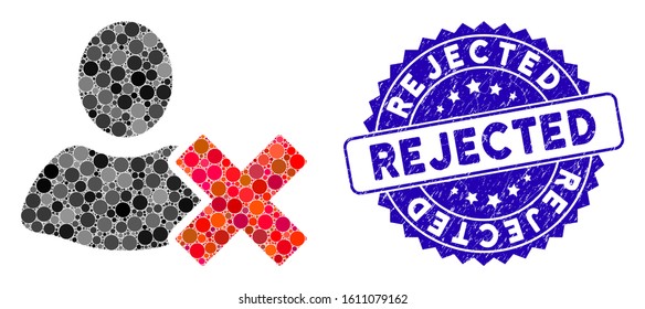 Mosaic delete user icon and corroded stamp watermark with Rejected phrase. Mosaic vector is composed with delete user icon and with randomized circle spots. Rejected stamp seal uses blue color,