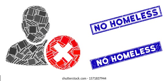 Mosaic delete user pictogram and rectangular No Homeless rubber prints. Flat vector delete user mosaic icon of random rotated rectangular elements. Blue No Homeless rubber seals with rubber surface.