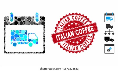 Mosaic delivery car calendar day icon and grunge stamp seal with Italian Coffee phrase. Mosaic vector is composed with delivery car calendar day icon and with random circle elements.