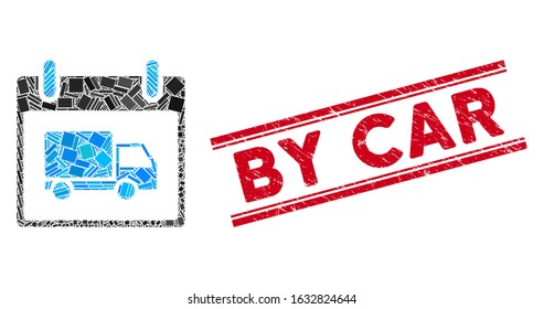 Mosaic delivery car calendar day icon and red By Car watermark between double parallel lines. Flat vector delivery car calendar day mosaic icon of randomized rotated rectangle elements.
