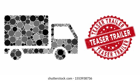 Mosaic delivery lorry and corroded stamp seal with Teaser Trailer caption. Mosaic vector is created with delivery lorry icon and with scattered round items. Teaser Trailer seal uses red color,