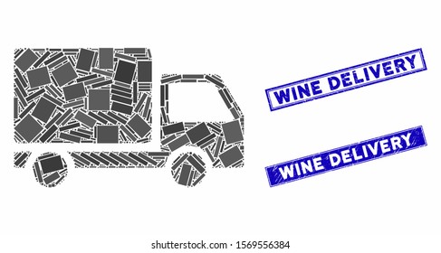 Mosaic delivery lorry pictogram and rectangular seals. Flat vector delivery lorry mosaic pictogram of randomized rotated rectangular items. Blue caption rubber stamps with scratched surface.