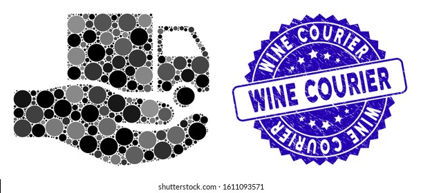 Mosaic delivery service hand icon and distressed stamp seal with Wine Courier caption. Mosaic vector is designed with delivery service hand icon and with scattered circle elements.
