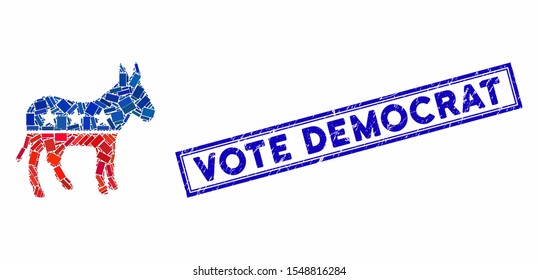Mosaic democratic donkey and grunge stamp seal with Vote Democrat phrase. Mosaic vector democratic donkey is formed with scattered rectangle items. Vote Democrat stamp seal uses blue color.