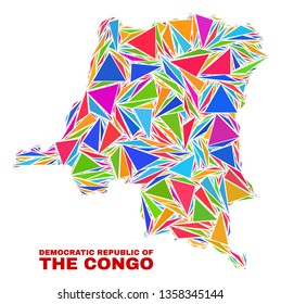 Mosaic Democratic Republic of the Congo map of triangles in bright colors isolated on a white background. Triangular collage in shape of Democratic Republic of the Congo map.