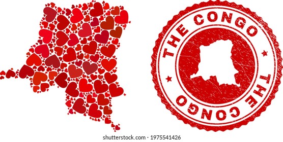 Mosaic Democratic Republic of the Congo map formed with red love hearts, and corroded seal stamp. Vector lovely round red rubber seal stamp imprint with Democratic Republic of the Congo map inside.