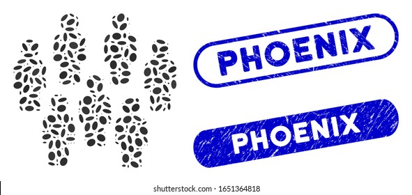 Mosaic demography and corroded stamp seals with Phoenix text. Mosaic vector demography is composed with scattered ellipse items. Phoenix stamp seals use blue color, and have rounded rectangle shape.