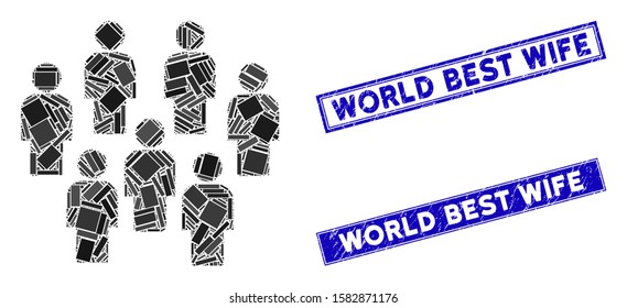 Mosaic demography icon and rectangle World Best Wife rubber prints. Flat vector demography mosaic icon of randomized rotated rectangle elements.