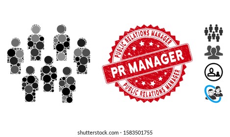 Mosaic demography icon and rubber stamp watermark with Public Relations Manager caption. Mosaic vector is composed with demography icon and with randomized round elements.