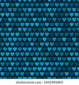 Mosaico denim azul corazones patrón de rejilla. Textura decorativa del vector para el día de San Valentín. La elegante plantilla para estampados de moda. Patrón geométrico simple sin fisuras del vector