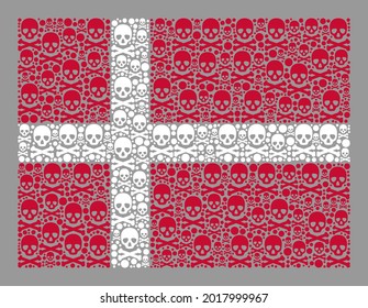 Mosaik Dänemark Flagge mit Symbolen der Piraterie. Hazard Vektor rechteckige Mosaik Dänemark Flagge für Rebellenzwecke. Entwickelt für politische und patriotische Anwendungen.