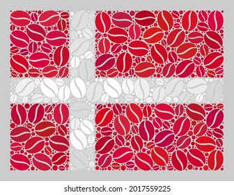 Mosaic Denmark flag is designed with cocoa grain icons. Vector coffee mosaic Denmark flag organized for restaurant applications. Denmark flag collage is designed with random cocoa beans.
