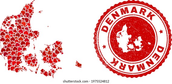 Mosaic Denmark map formed with red love hearts, and unclean stamp. Vector lovely round red rubber seal stamp imprint with Denmark map inside.