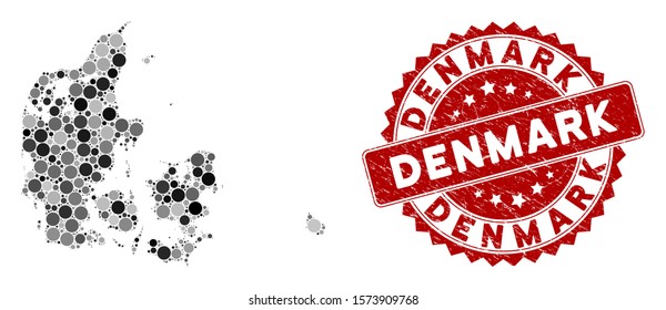 Mosaic Denmark map and round stamp. Flat vector Denmark map mosaic of random round items. Red seal stamp with grunge style. Designed for political and patriotic promotion.