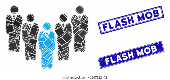 Mosaic department staff icon and rectangular seal stamps. Flat vector department staff mosaic pictogram of randomized rotated rectangular elements. Blue caption rubber stamps with distress texture.