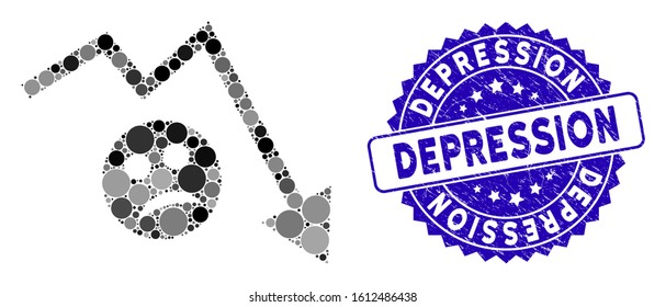 Mosaic depression trend arrow icon and grunge stamp seal with Depression text. Mosaic vector is created with depression trend arrow icon and with randomized round elements.