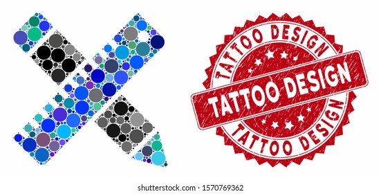Mosaic design tools and rubber stamp watermark with Tattoo Design text. Mosaic vector is composed from design tools icon and with scattered spheric elements. Tattoo Design stamp uses red color,