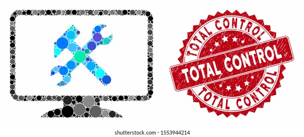 Mosaic desktop settings and distressed stamp seal with Total Control caption. Mosaic vector is created from desktop settings icon and with random spheric items.