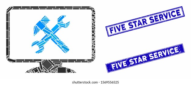 Mosaic desktop settings pictogram and rectangle seal stamps. Flat vector desktop settings mosaic pictogram of random rotated rectangular elements. Blue caption seal stamps with scratched surface.