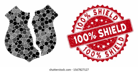 Mosaic destroyed shield and distressed stamp seal with 100% Shield caption. Mosaic vector is designed with destroyed shield icon and with random circle spots. 100% Shield stamp seal uses red color,