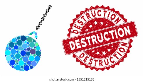 Mosaic destruction hammer and grunge stamp seal with Destruction text. Mosaic vector is created with destruction hammer icon and with scattered spheric items. Destruction stamp seal uses red color,