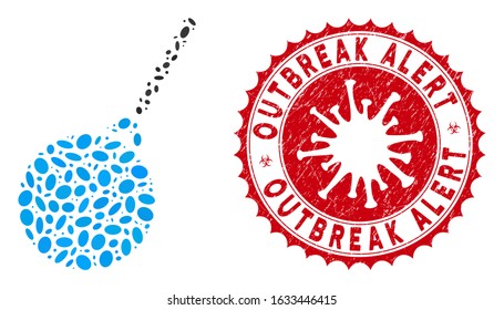 Mosaic destruction hammer icon and red rounded distressed stamp watermark with Outbreak Alert phrase and coronavirus symbol.
